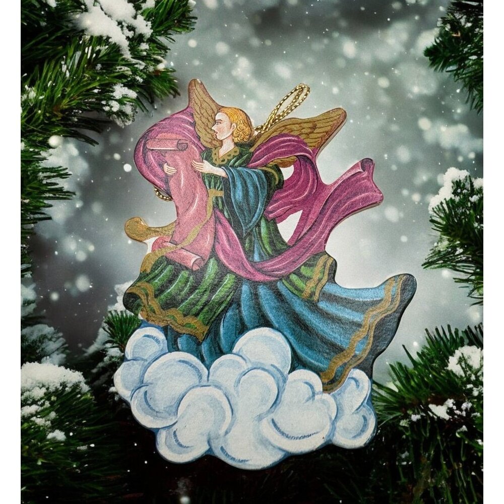 Vintage Flat Angel Christmas Ornament with Scroll On Cloud Flowing Gown